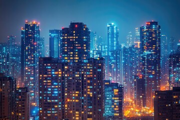 Obraz premium Modern city skyline showing dense buildings with glowing windows at night