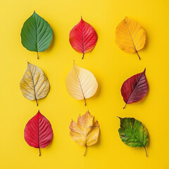 Obraz premium This artistic image displays nine autumn leaves of various hues on a vivid yellow backdrop, creating a lively representation of seasonal change and natural beauty.