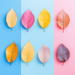 A creative display of eight leaves, each uniquely colored, arranged on blue, pink, and yellow pastel backgrounds, illustrating harmonious contrast and artistic balance.