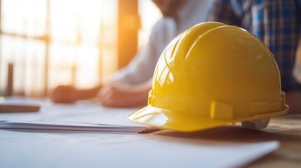 Yellow construction helmet on table with architectural blueprints and blurred background. Sunlight shines through window. Concept: safety, planning.