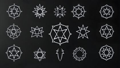 The Fifteen Behenian Stars glyphs used in Astrology an magic drawn on a blackboard isolated with white highlights, png