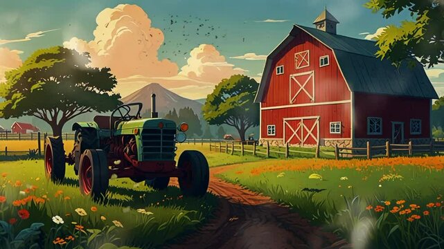 A vibrant sunset over a tranquil farm with a red barn, windmill, animals, and colorful trees, creating a serene rural atmosphere. seamless looping 4k video background animation