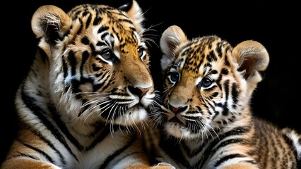 Obraz premium Two tiger cubs playfully nuzzle each other in the wild, embodying the innocence and playful nature of young tigers in their habitat