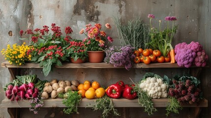 Still Life of Vegetables and Flowers