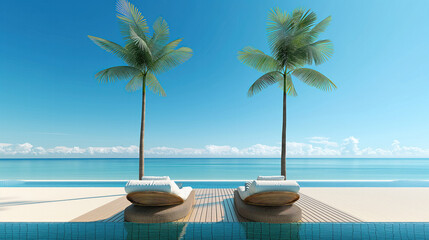 a luxury  Hotel Resort shore at a turquoise  sea,   stylish  large rattan beds . Luxury holiday 