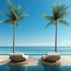 a luxury  Hotel Resort shore at a turquoise  sea,   stylish  large rattan beds . Luxury holiday 