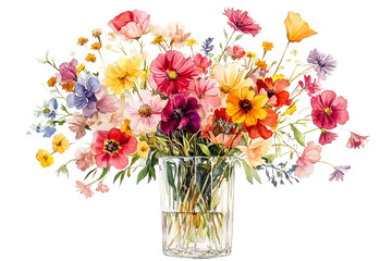 Fototapeta premium A vibrant bouquet of colorful flowers in a clear vase against a white background.