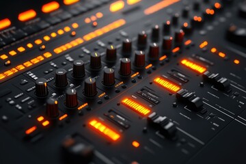 Professional audio mixer interface with illuminated faders and knobs