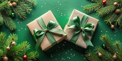 Festive Green and Gold Gift Boxes with Pine Branches and Golden Star Confetti on a Green Background