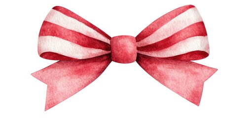 Red and white striped bow, perfect for decorations and gift wrapping, on a white isolated background.