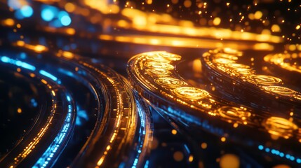 Abstract glowing circular pattern with blue and orange light.