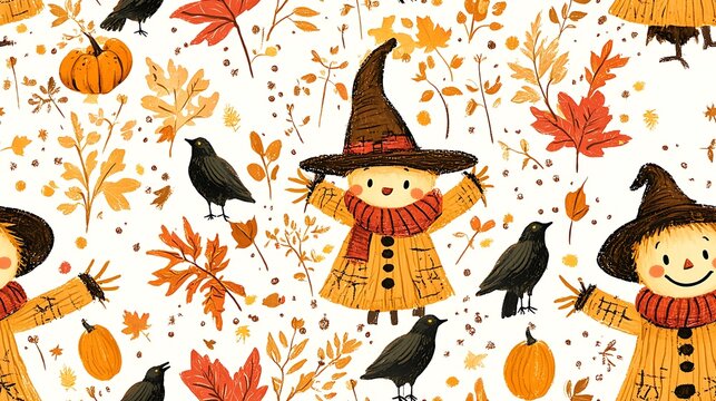 A seamless pattern of adorable scarecrows with happy faces, surrounded by tiny crows and pumpkins, vibrant autumn colors with orange, yellow, and brown tones,