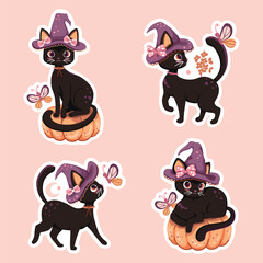 Cute little black cat sticker set with purple witch hats and pink coquette bows sitting on pumpkins and looking at butterflies. A pastel vector Halloween design pack.