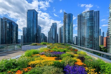 Fototapeta premium Vibrant Rooftop Garden Amidst Modern Glass Skyscrapers