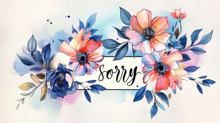 A vibrant watercolor painting of flowers with the word sorry