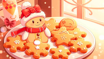 Naklejka premium A hamster in a winter suit in a white plate with ginger cookies of different shapes.
