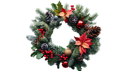 Beautiful Christmas wreath adorned with pine, red flowers, and ornaments, perfect for festive decorations.