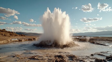 A geyser exploding from the earth in a burst of steam and water, capturing the untamed geothermal power of water, geyser explosion, natural power release