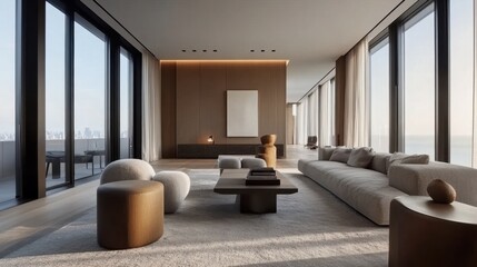 Fototapeta premium Contemporary living room with a grey sofa and armchair, framed by large windows and a minimalist table, showcasing clean design