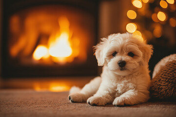 Fluffy white puppy lying by the fireplace during Christmas