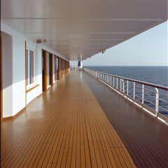 Ocean liner upper decks at sea in the 1960s. the decks are in teak wood. 