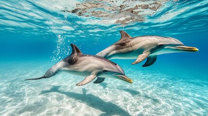 Fototapeta premium Two dolphins swimming gracefully underwater in crystal clear blue waters.
