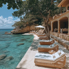 a luxury  Hotel Resort shore at a turquoise  sea,   stylish  large rattan beds . Luxury holiday 