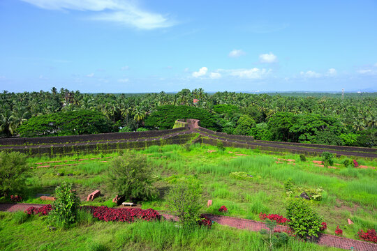 Circular shaped watch tower seen on the perimeter of Bekal Fort Kerala India