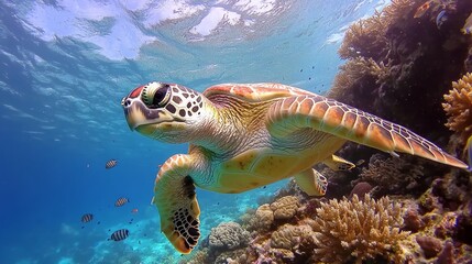 Beautiful sea turtle swimming gracefully among vibrant coral reefs in clear blue waters.
