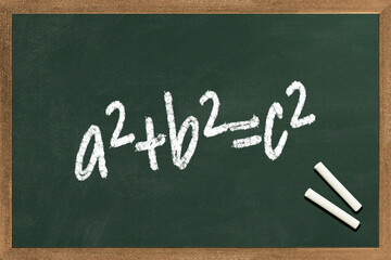 Pythagorean theorem a2+b2=c2 the famous formula to calculate the hypotenuse of a triangle written...