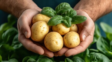 A generous offering of fresh, golden potatoes nestled among lush basil leaves, captured in hands that symbolize giving, nurturing, and the essence of simplicity and abundance.
