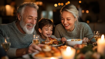 A multi-generational family shares laughter and warmth during a cozy candlelit dinner, highlighting togetherness, joy, and the cherished moments of shared meals and celebration.