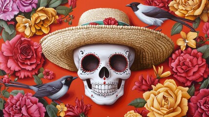 A festive sugar skull wearing a sombrero, with vibrant flowers and birds framing the design.