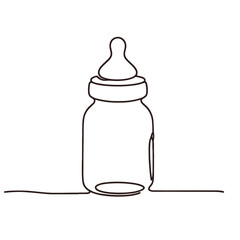 A baby bottle with a nipple on top. The bottle is white and has a clear glass. The bottle is placed on a white background
