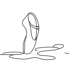 A ballet shoe is shown in a black and white drawing. The shoe is upside down and he is on the ground. Concept of elegance and grace, as ballet shoes are often associated with the art form