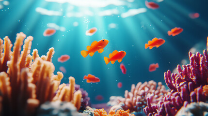 Fototapeta premium Colorful coral reef with vibrant fish swimming.