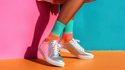 Emerging from a vivid backdrop, eye-catching silver sneakers and colorful socks showcase bold, carefree style, creating a vibrant and modern visual experience.
