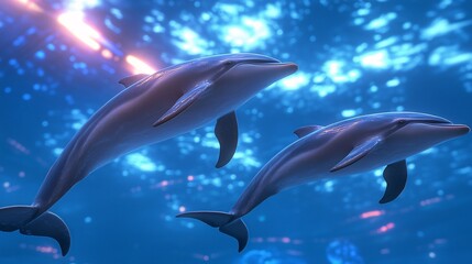 Naklejka premium Robotic Dolphins and Sleek Submarines Play on a Polished Ocean Surface - Vibrant Neon Sky Reflects in Waves for Futuristic Seascape