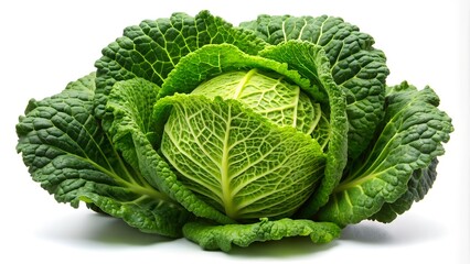 Obraz premium Whole green cabbage placed neatly on a clean white surface, showcasing its fresh and vibrant appearance