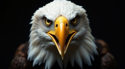 Obraz premium A powerful close-up of a bald eagle's face in side profile, showcasing its majestic features. The image highlights the sharp, hooked beak and the intense yellow eye that conveys a sense of strength.