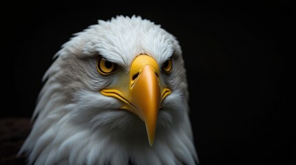 A powerful close-up of a bald eagle's face in side profile, showcasing its majestic features. The image highlights the sharp, hooked beak and the intense yellow eye that conveys a sense of strength.