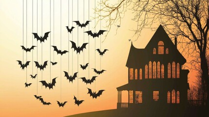Halloween House: Old haunted house on hill, silhouette with bat decorations hanging from trees. Isolated on orange background. 