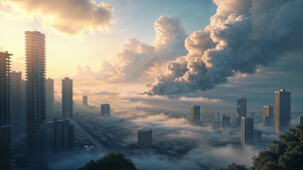 Pollution, smoke from chimneys against the background of the city. Environmental pollution