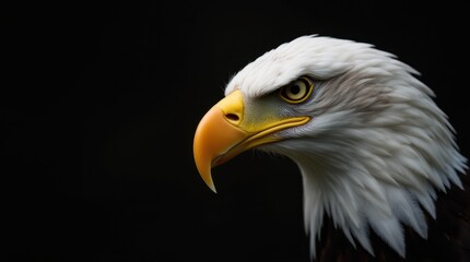 Fototapeta premium A powerful close-up of a bald eagle's face in side profile, showcasing its majestic features. The image highlights the sharp, hooked beak and the intense yellow eye that conveys a sense of strength.