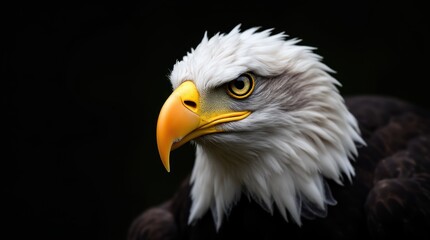 Obraz premium A powerful close-up of a bald eagle's face in side profile, showcasing its majestic features. The image highlights the sharp, hooked beak and the intense yellow eye that conveys a sense of strength.