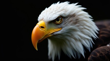 Fototapeta premium A powerful close-up of a bald eagle's face in side profile, showcasing its majestic features. The image highlights the sharp, hooked beak and the intense yellow eye that conveys a sense of strength.