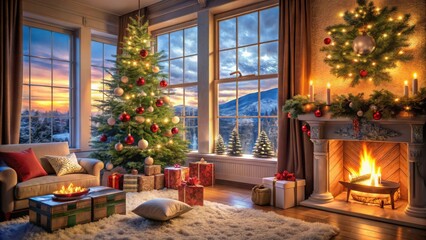 Obraz premium A Cozy Christmas Evening by the Fireplace with a View of a Snowy Landscape and a Decorated Christmas Tree