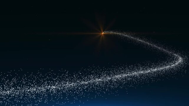 Merry Christmas. A flight behind a plume of snowflakes. A train drawing a Christmas tree. Abstract animation.