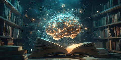 Obraz premium A glowing brain forms above an open book in a mystical library, symbolizing the power of knowledge and imagination in learning and discovery.
