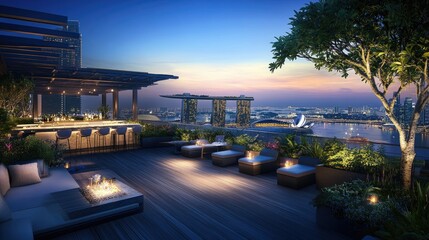 A vibrant rooftop bar in SingaporeCBD, offering stunning sunset views of the city.